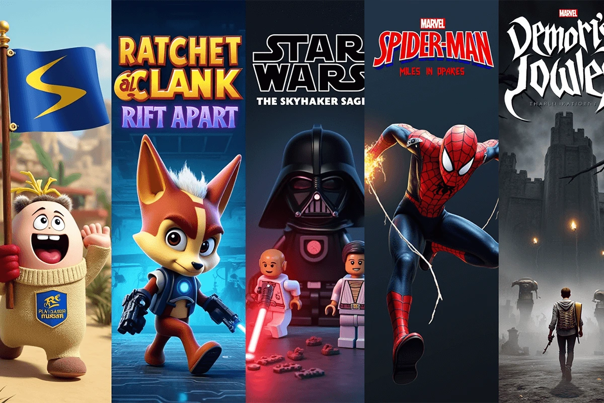 Five video game box art covers: Sackboy A Big Adventure, Ratchet & Clank Rift Apart, LEGO Star Wars The Skywalker Saga, Spider-Man Miles Morales, and Demon's Souls.