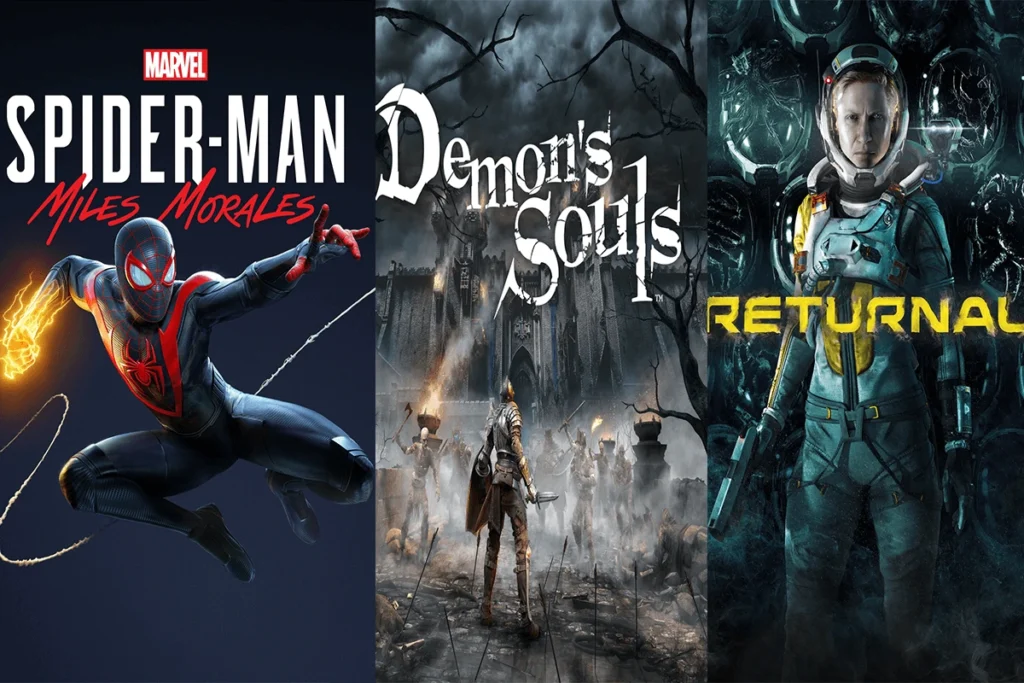 Three video game box art covers: Spider-Man Miles Morales, Demon's Souls, and Returnal.