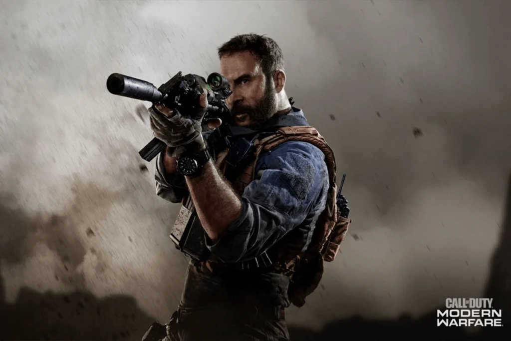 one of the best ps5 gamesA man in tactical gear holding a rifle with a scope, with a dusty background.