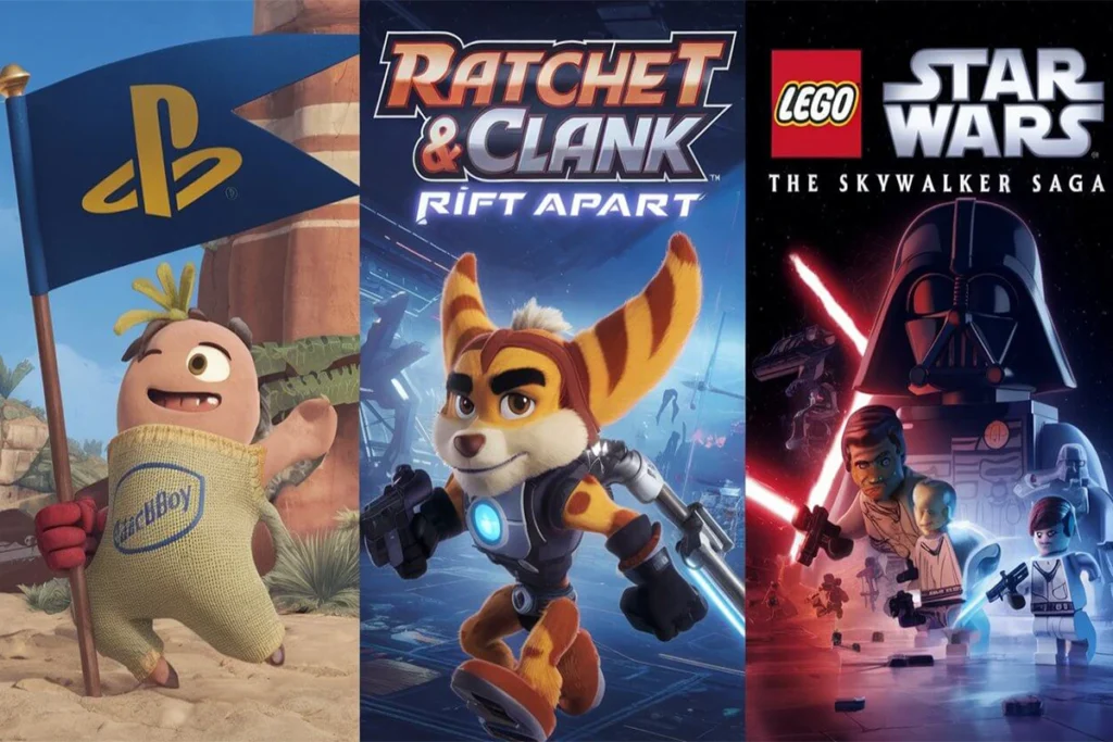 Three of the Best PS5 games art covers: Sackboy: A Big Adventure, Ratchet & Clank: Rift Apart, and LEGO Star Wars: The Skywalker Saga.