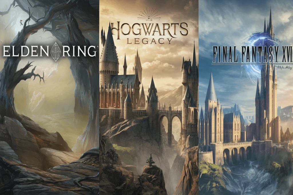 Three best ps5 games box art covers displayed side-by-side: Elden Ring, Hogwarts Legacy, and Final Fantasy XVI.