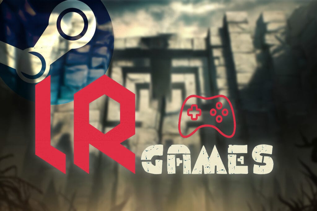 Game promotional image for LR Games, On Steam. Shows the LR Games logo, a game controller icon, a maze-like wall, and the Steam logo.