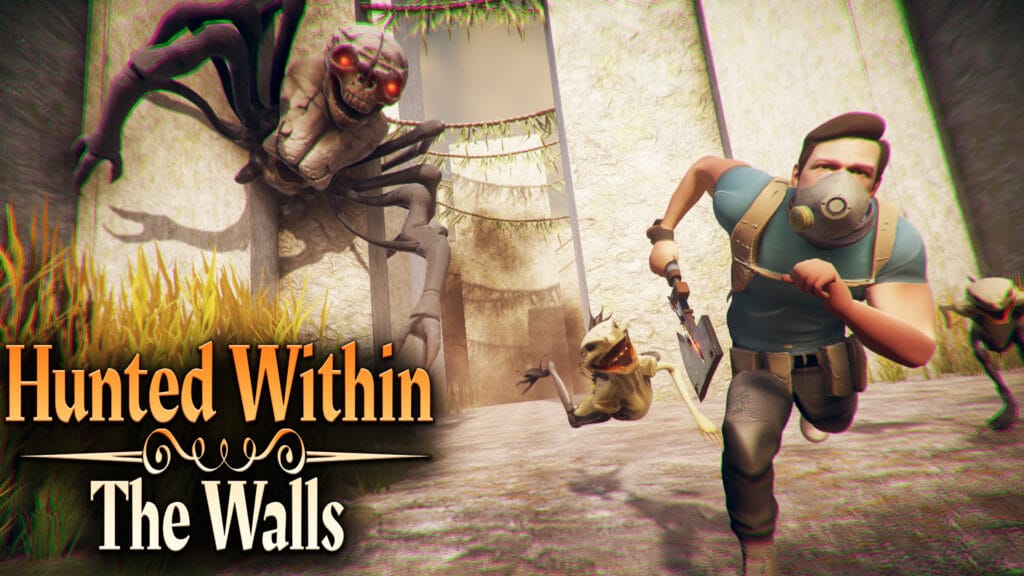 Promotional art for the horror game "Hunted Within: The Walls," showing a man with a gas mask and axe running from a giant spider-skull monster and smaller creatures in ancient, overgrown ruins. The game logo "LR Games" and "A Game by Yasser Latreche" are visible.