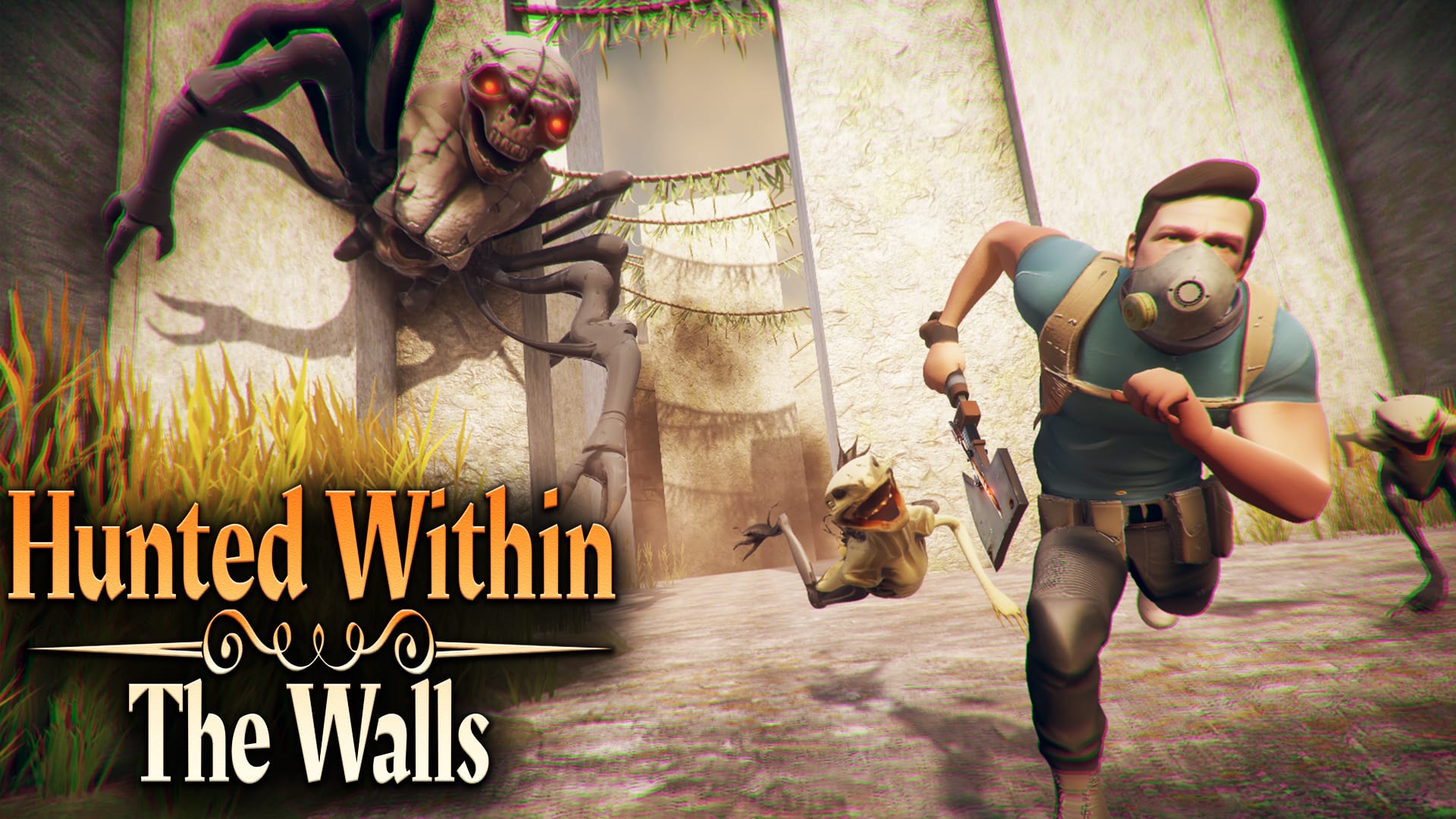 Promotional art for the horror game "Hunted Within: The Walls," showing a man with a gas mask and axe running from a giant spider-skull monster and smaller creatures in ancient, overgrown ruins. The game logo "LR Games" and "A Game by Yasser Latreche" are visible.