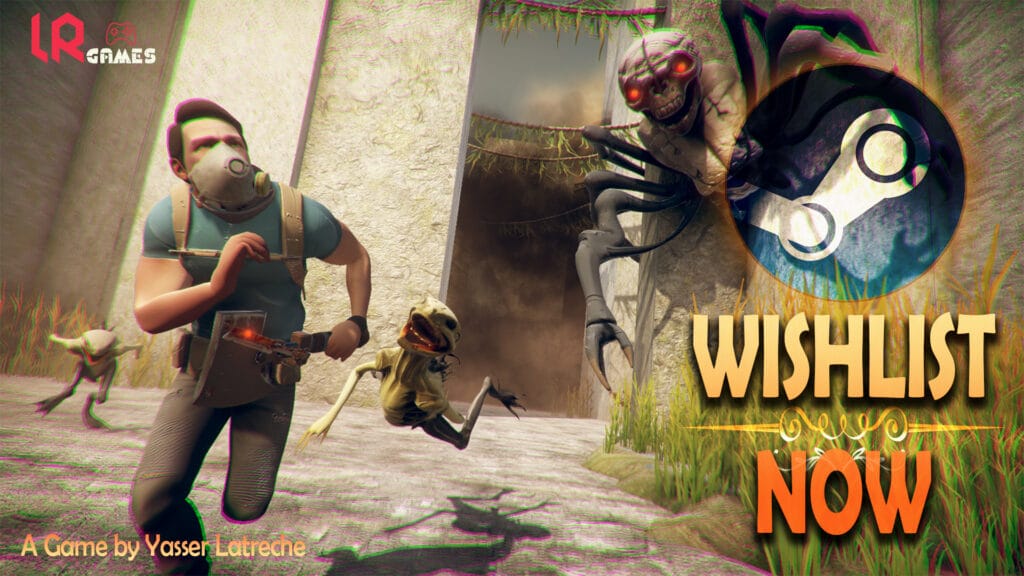 Promotional art for the horror game "Hunted Within: The Walls," featuring a man running from monsters, with a prominent "Wishlist Now on Steam" call to action overlay including the Steam logo.