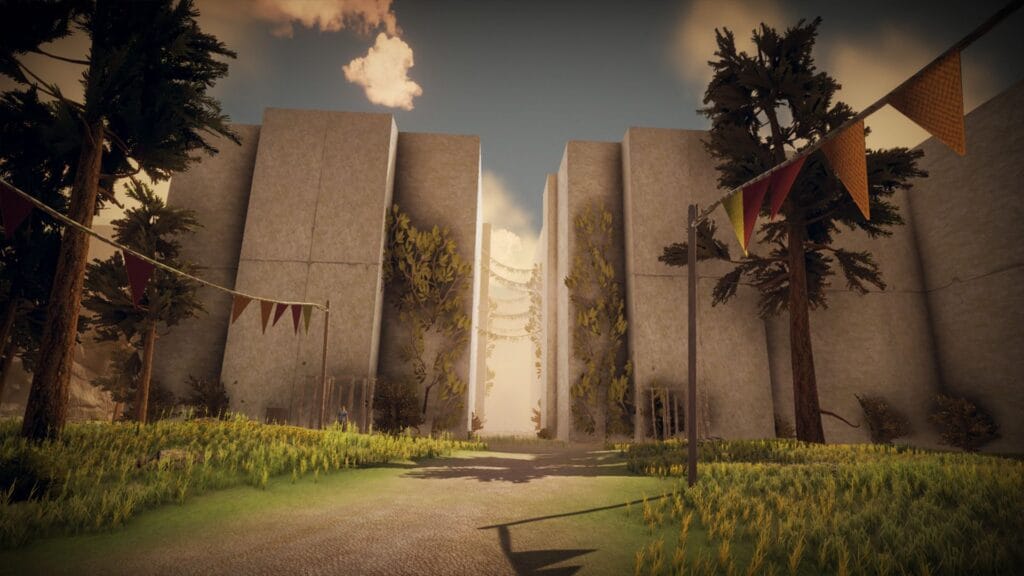 In-game screenshot from Hunted within The Walls"showing the weathered concrete entrance to the maze, flanked by trees and decorated with tattered pennant flags.