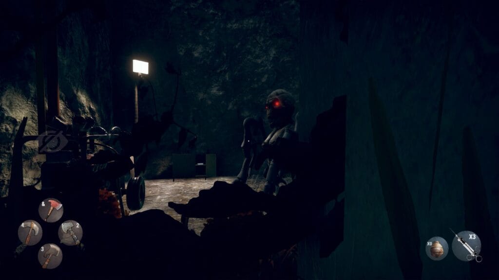 Terrifying close-up of The Big Head Monster enemy with skeletal features looking down at the player in Hunted within the walls