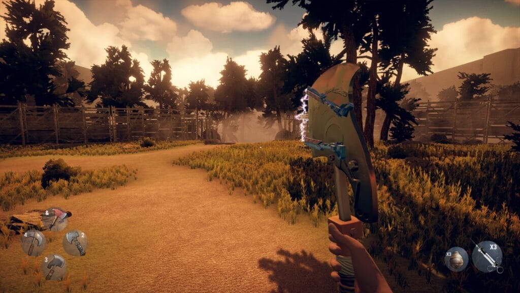 Armed with a heavy cleaver, the player explores a courtyard marked by strange statues in Hunted within the walls