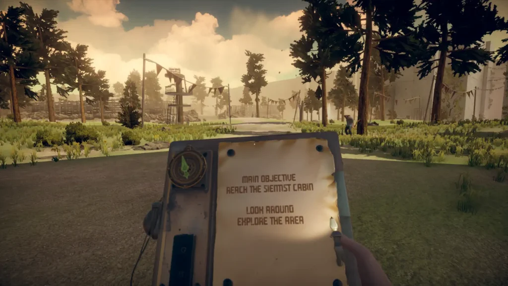 First-person perspective screenshot from Hunted In Maze, showing the player holding a device displaying the main objective: 'Reach the Scientist Cabin'.