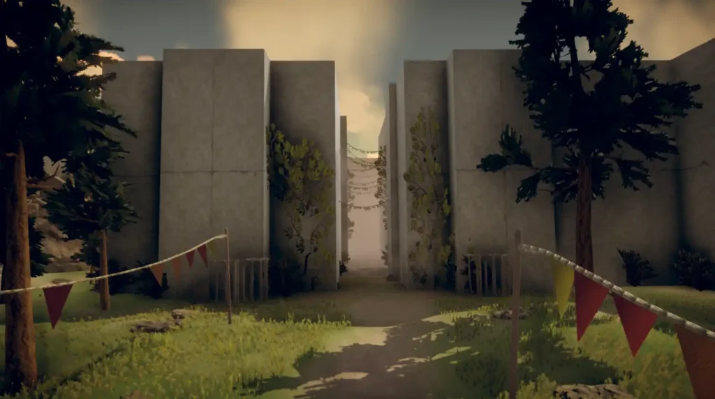 In-game screenshot from Hunted In Maze showing the weathered concrete entrance to the maze, flanked by trees and decorated with tattered pennant flags.
