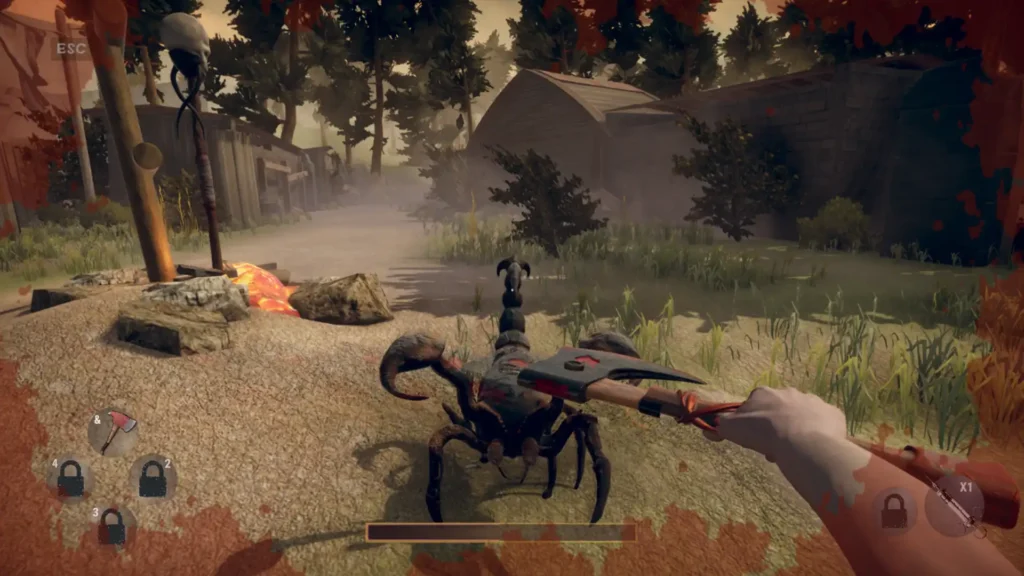 Player facing a large, menacing Scorpion creature with an axe in the game, blood effects visible.