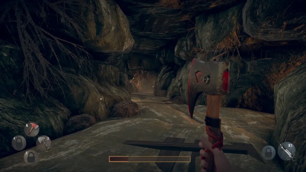 First-person view inside a dark cave passage, with the player holding a bloody axe.
