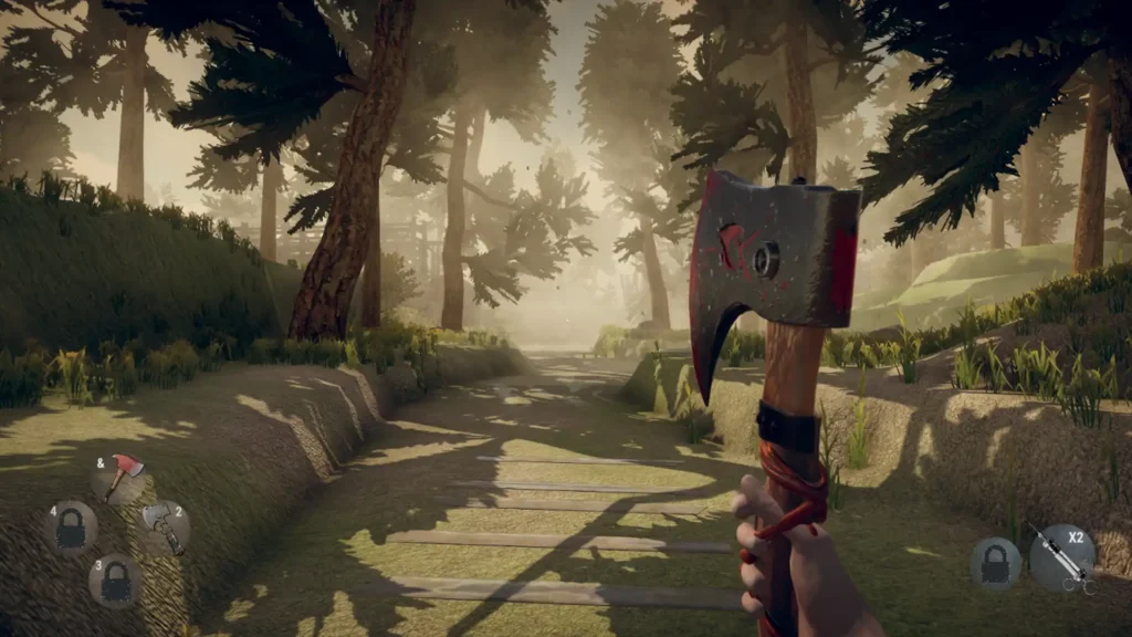 First-person perspective in Hunted In Maze, walking down a misty forest path while holding a bloody axe.