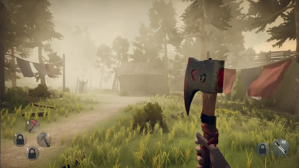 Player holding an axe looks towards a small structure in a foggy clearing in the game.