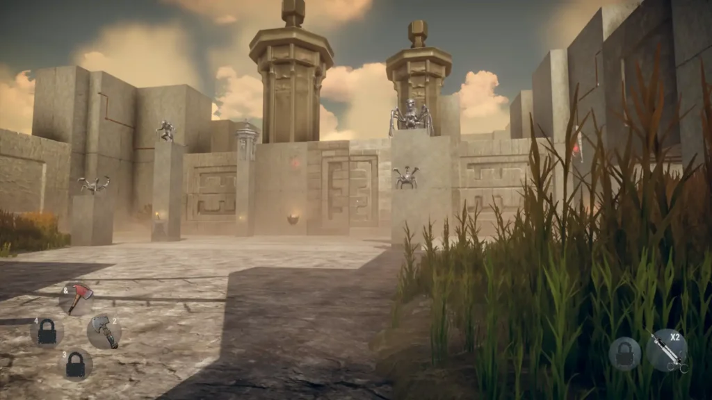 A large, imposing stone structure within Hunted In Maze, guarded by menacing mechanical spider creatures perched on the walls.
