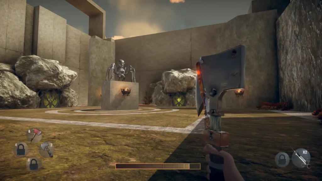 First-person view in Hunted In Maze inside a courtyard holding a large cleaver, facing a statue of a mechanical spider.