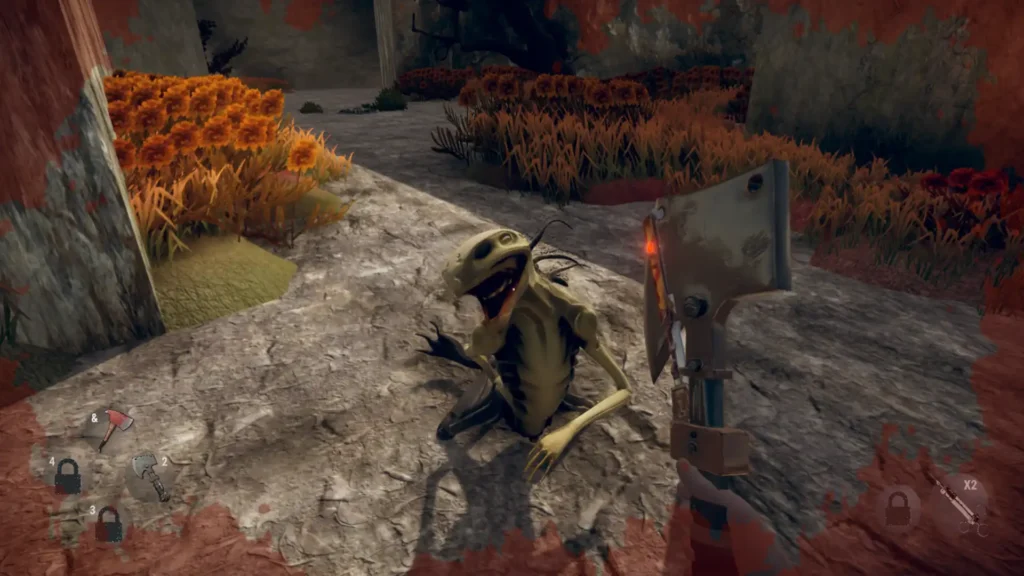 First-person view in Hunted In Maze showing the player aiming a large cleaver at a small, pale, crouching Lizard creature on the ground.