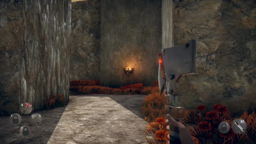 Navigating a torch-lit corridor lined with red plants within the Hunted In Maze, holding a large cleaver weapon.