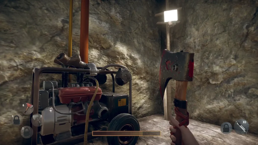 First-person view showing the player holding an axe while facing a portable power generator in a rocky enclosure.