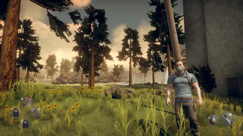 Third-person screenshot showing the player character standing in a field of sunflowers near pine trees.