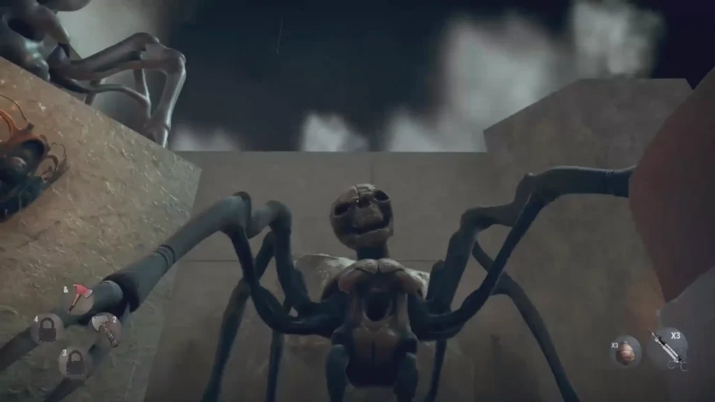 Terrifying close-up of The Big Head Monster enemy with skeletal features looking down at the player in Hunted In Maze.