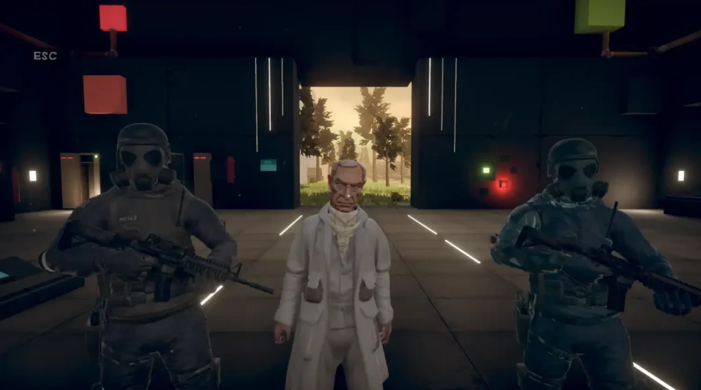 In-game screenshot from the game featuring the scientist character flanked by two heavily armed guards wearing gas masks inside a modern facility.