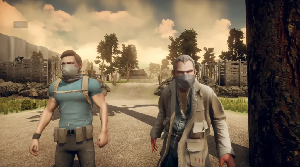 The Runner character stands beside another masked male character in an outdoor setting within the game Hunted In Maze.
