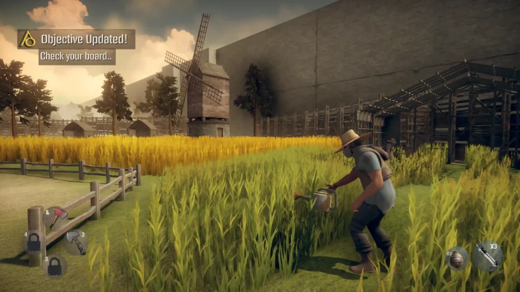 Gameplay screenshot near a windmill and greenhouse, with large maze walls looming behind.
