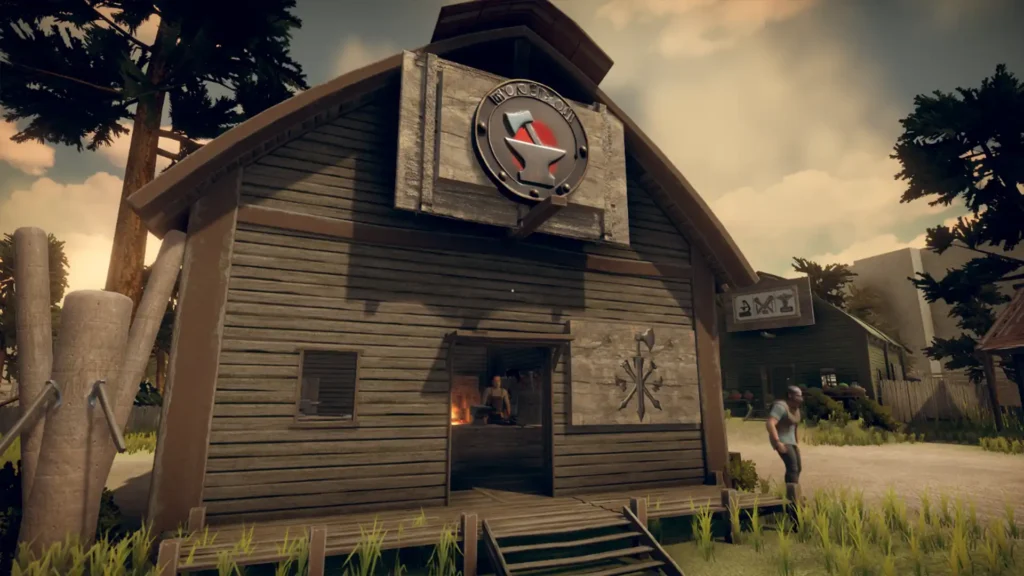 Exterior view of a wooden workshop building, blacksmith, in the game Hunted In Maze, featuring an axe and anvil logo.