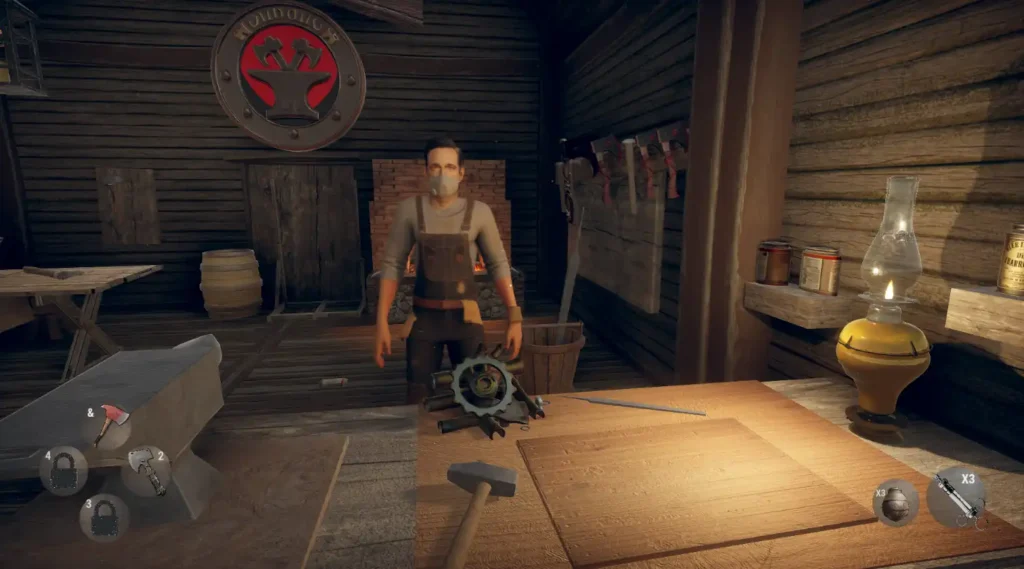 Interior of the blacksmith workshop in Hunted In Maze, showing the blacksmith NPC, an anvil, tools, and various crafting items.