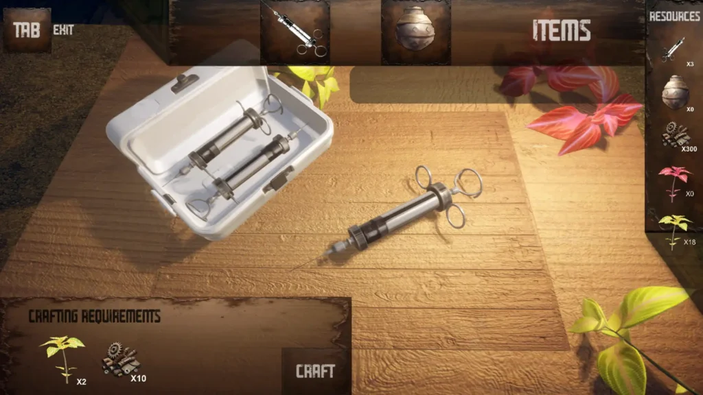 Item crafting interface, focusing on crafting syringes using plants and mechanical parts.