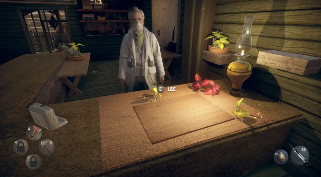 An NPC wearing a lab coat and mask, likely the scientist, stands behind a counter, ready for interaction.