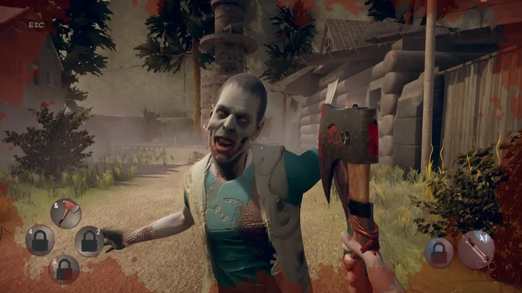 First-person combat screenshot from Hunted In Maze showing the player facing a Gladian Walker enemy with an axe, with blood splatter effects on screen.
