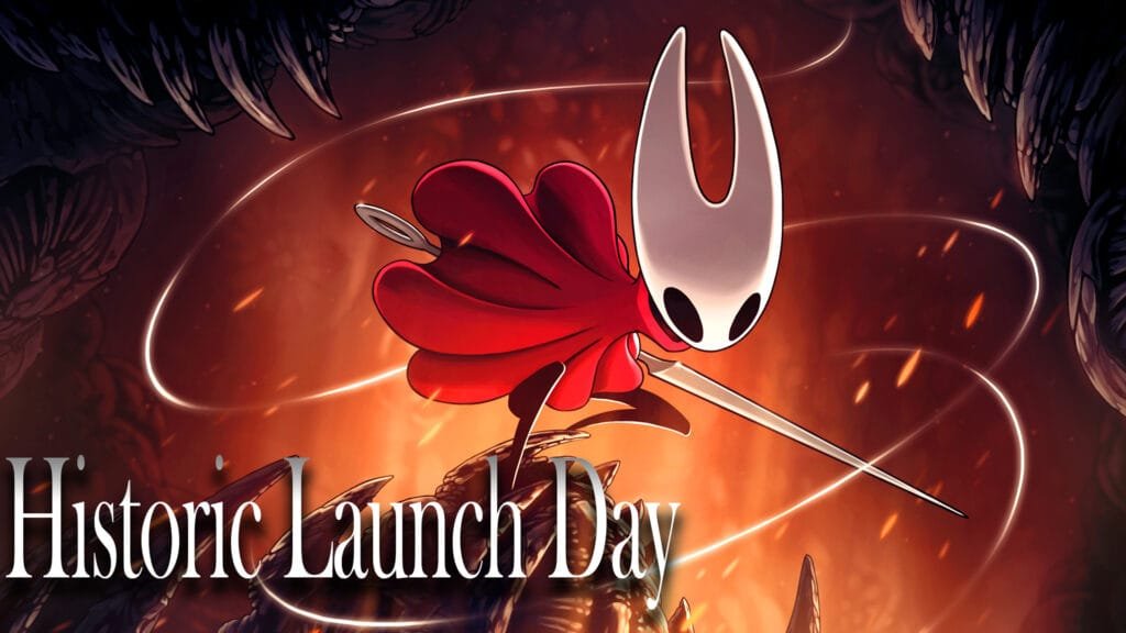 Hollow Knight Silksong launch artwork featuring Hornet in a red cloak with the caption “Historic Launch Day