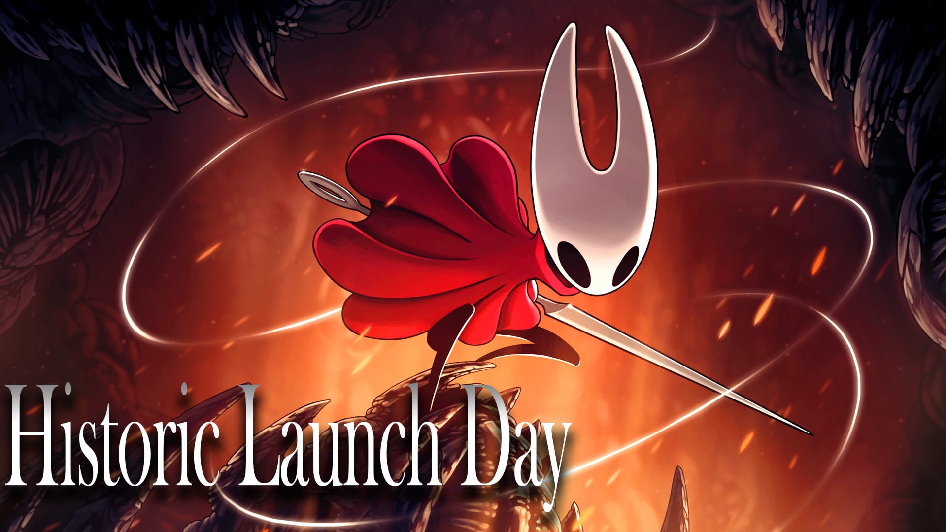 Hollow Knight Silksong launch artwork featuring Hornet in a red cloak with the caption “Historic Launch Day