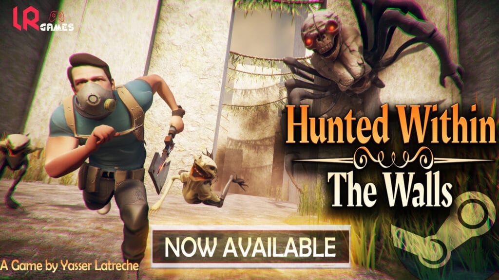 A video game promotional image for "Hunted Within: The Walls," featuring a man in a gas mask running from spider-like and frog-like creatures in a jungle-like setting. The Steam logo and "NOW AVAILABLE" banner are also visible.
