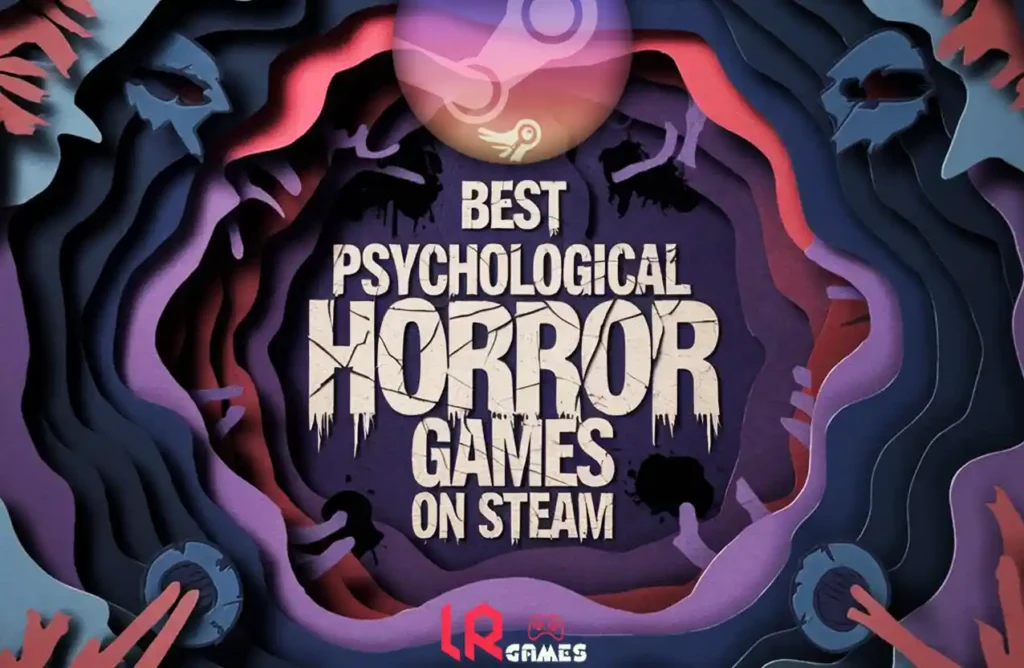 Layered paper-cut illustration with distorted faces and “Best Psychological Horror Games on Steam” title in cracked lettering.