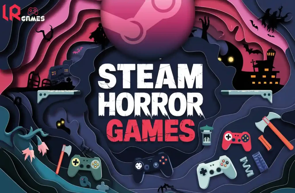Stylized paper-cut graphic featuring “Steam Horror Games” text, haunted silhouettes, bats, controllers, and horror-themed items in vivid dark colors.