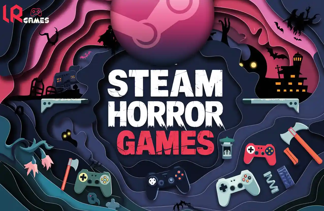 Stylized paper-cut graphic featuring “Steam Horror Games” text, haunted silhouettes, bats, controllers, and horror-themed items in vivid dark colors.