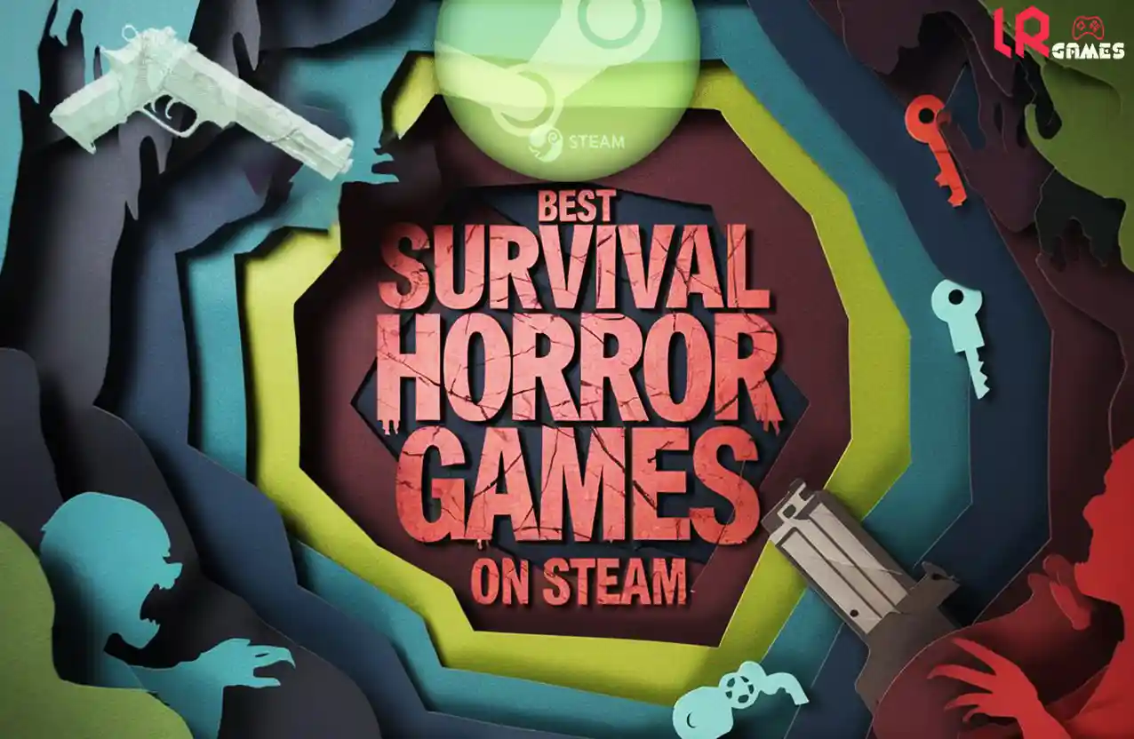 Layered paper-cut tunnel with “Best Survival Horror Games on Steam” text, silhouettes of monsters, keys, guns, and a glowing Steam logo.