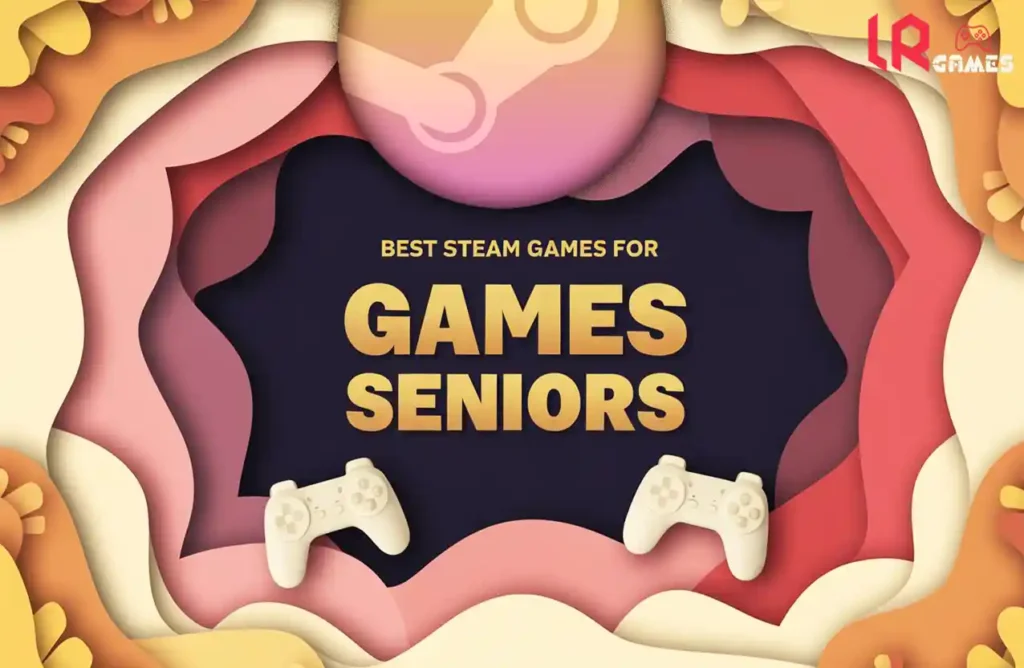 Feature banner for "Best Steam Games for Seniors" with game controllers and layered background.