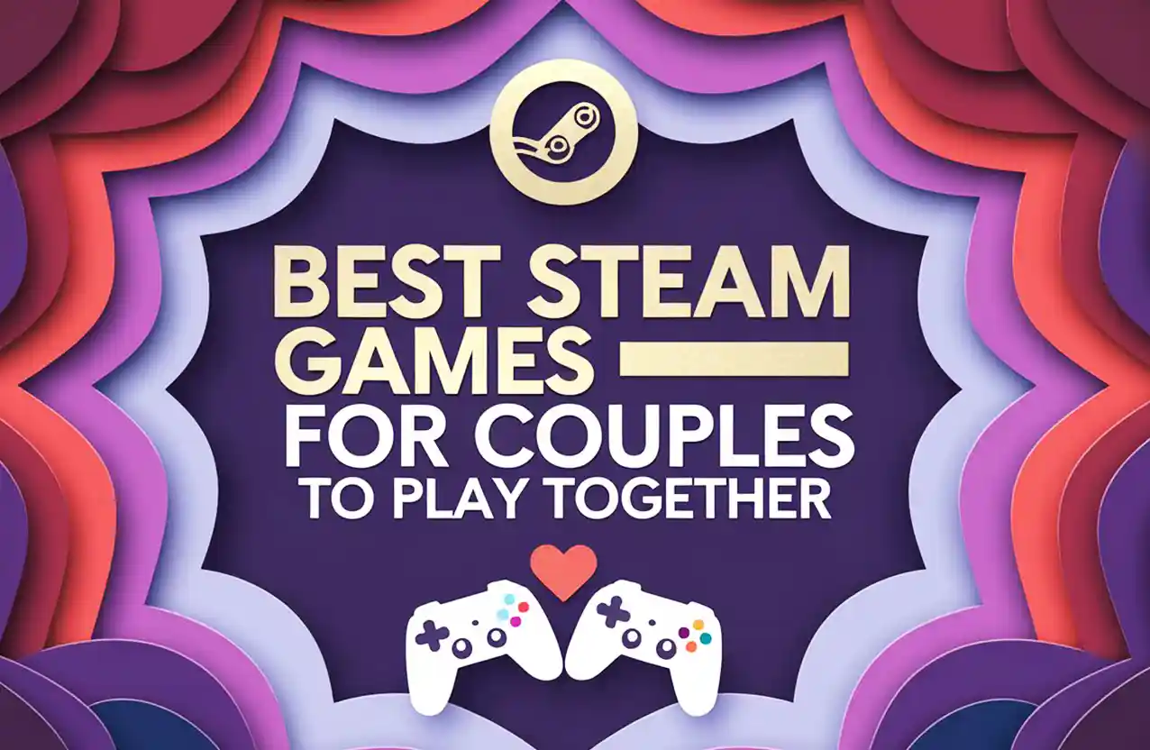 Feature graphic with layered papercut background in purple and red, text "Best Steam Games for Couples to Play Together," Steam icon, and two game controllers with a heart.