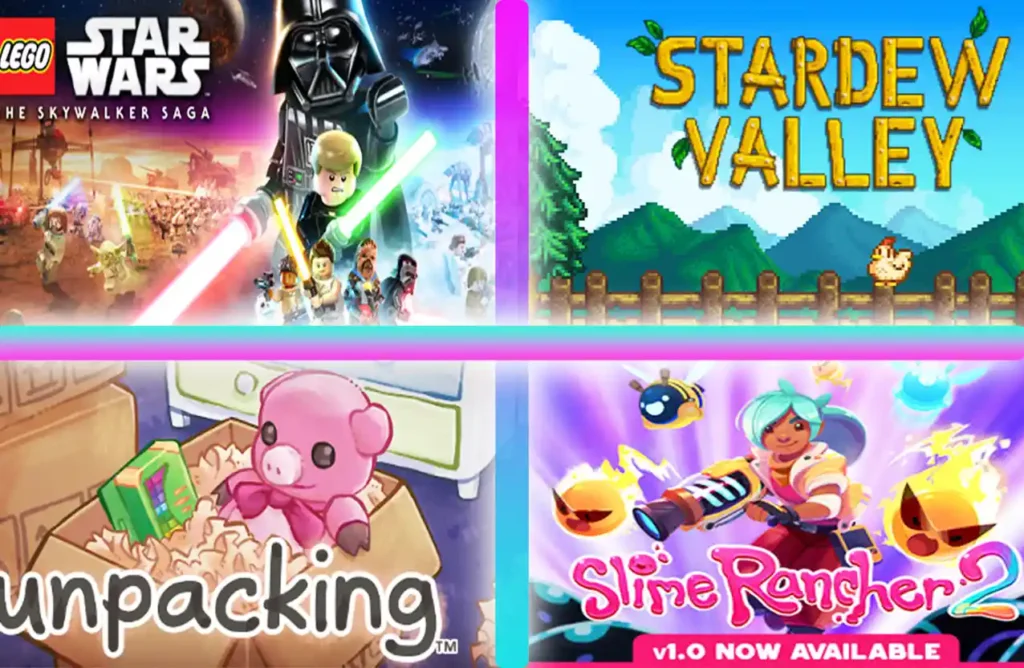Collage of four kid-friendly Steam games: LEGO Star Wars The Skywalker Saga, Stardew Valley, Unpacking, and Slime Rancher 2.