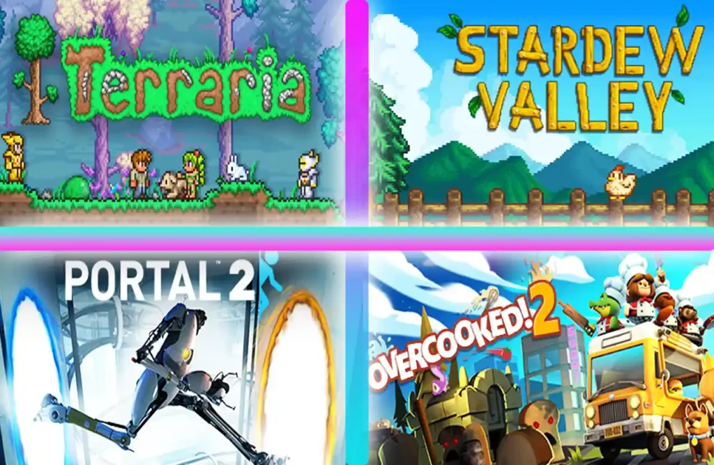 Four notable Steam games including Terraria, Stardew Valley, Portal 2, and Overcooked 2.