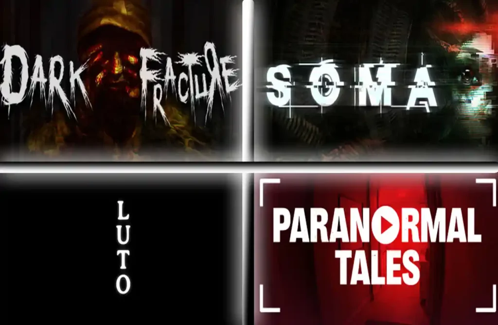 Collage of psychological horror game covers Dark Fracture, SOMA, Luto, and Paranormal Tales.