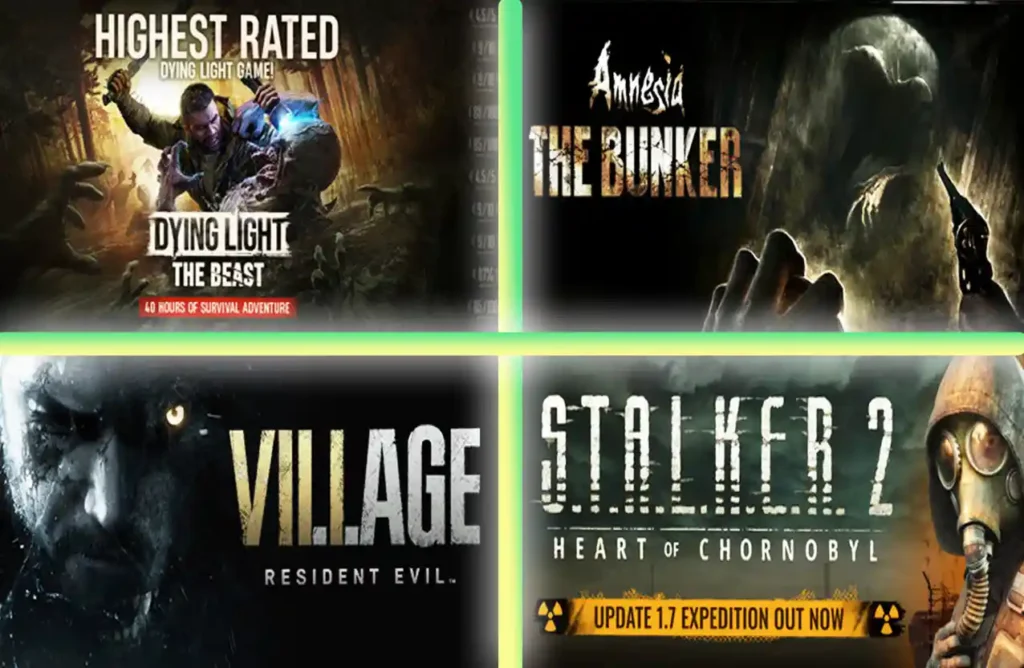 Collage of survival horror game covers Dying Light, Amnesia: The Bunker, Resident Evil Village, and STALKER 2.