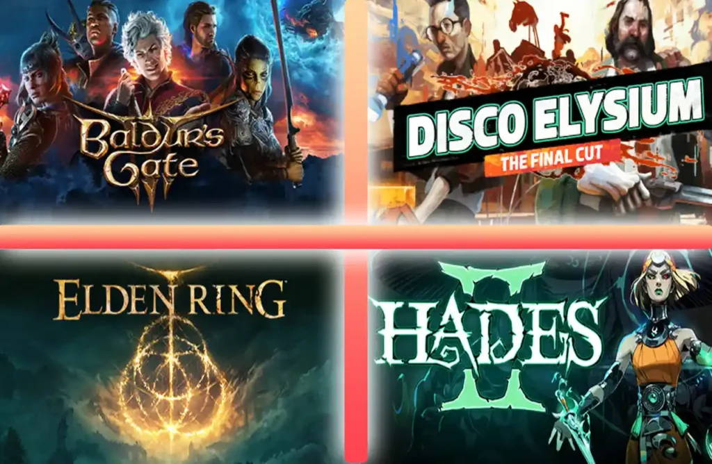 Artwork showing Baldur’s Gate 3, Disco Elysium, Elden Ring, and Hades II.