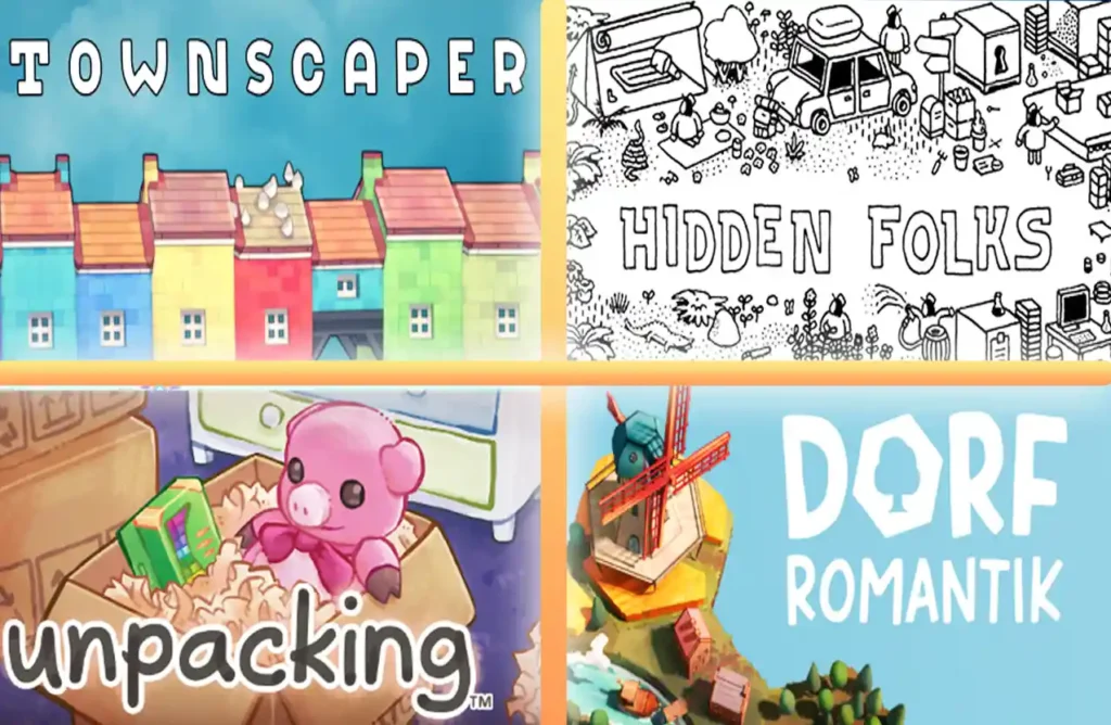 Covers for Townscaper, Hidden Folks, Unpacking, Dorfromantik.