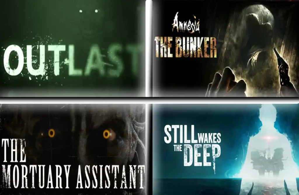 Collage of horror games Outlast, Amnesia The Bunker, The Mortuary Assistant, and Still Wakes The Deep.