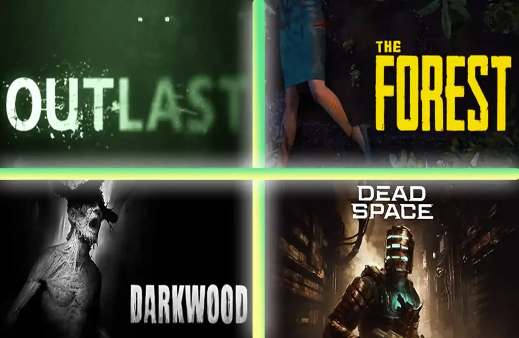 Collage of survival horror games Outlast, The Forest, Darkwood, and Dead Space.